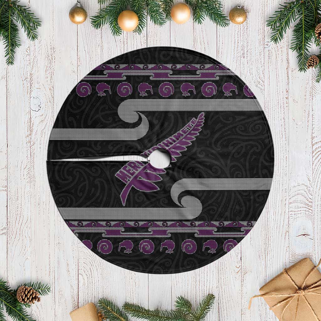 New Zealand Christmas Tree Skirt Meri Kirihimete Silver Fern Knit Style Purple Color - Polynesian Pride