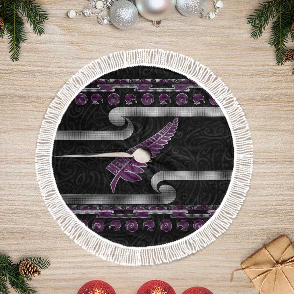 New Zealand Christmas Tree Skirt Meri Kirihimete Silver Fern Knit Style Purple Color - Polynesian Pride