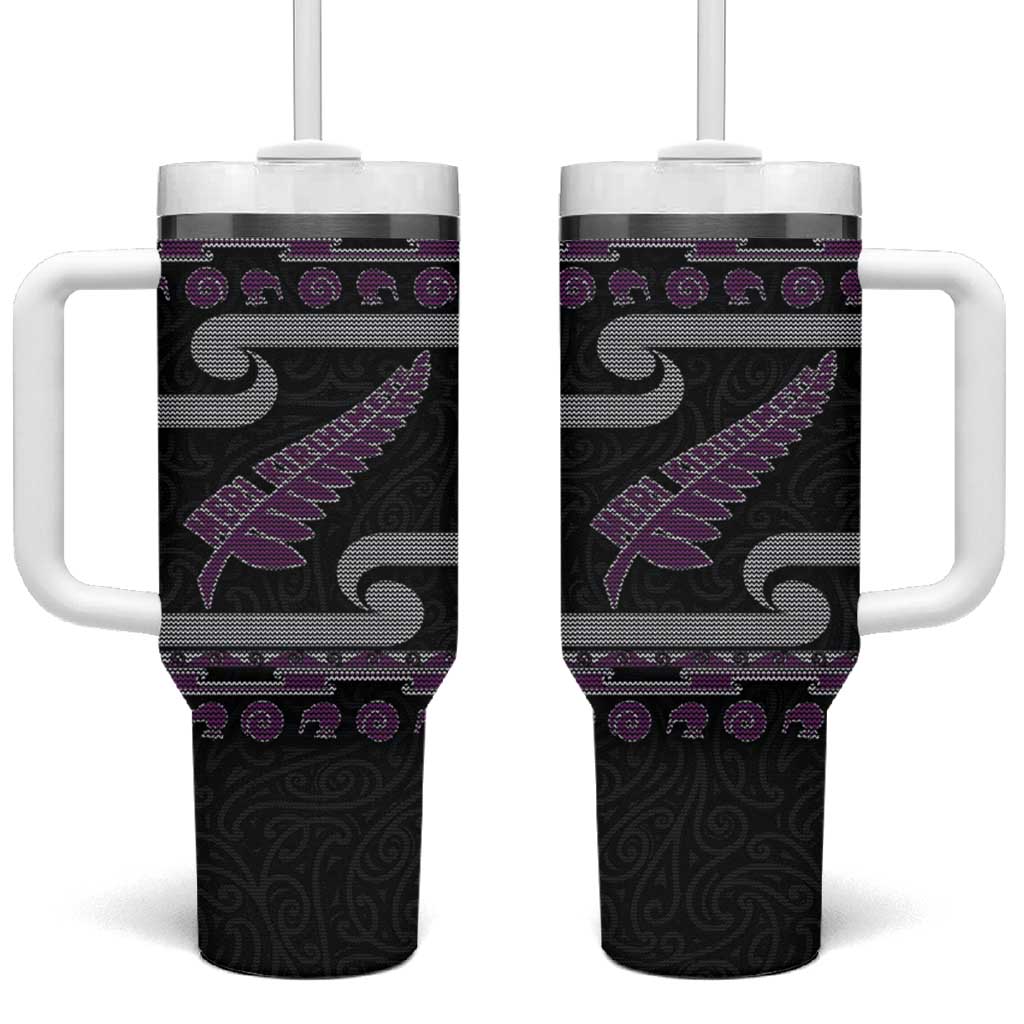 New Zealand Christmas Tumbler With Handle Meri Kirihimete Silver Fern Knit Style Purple Color - Polynesian Pride