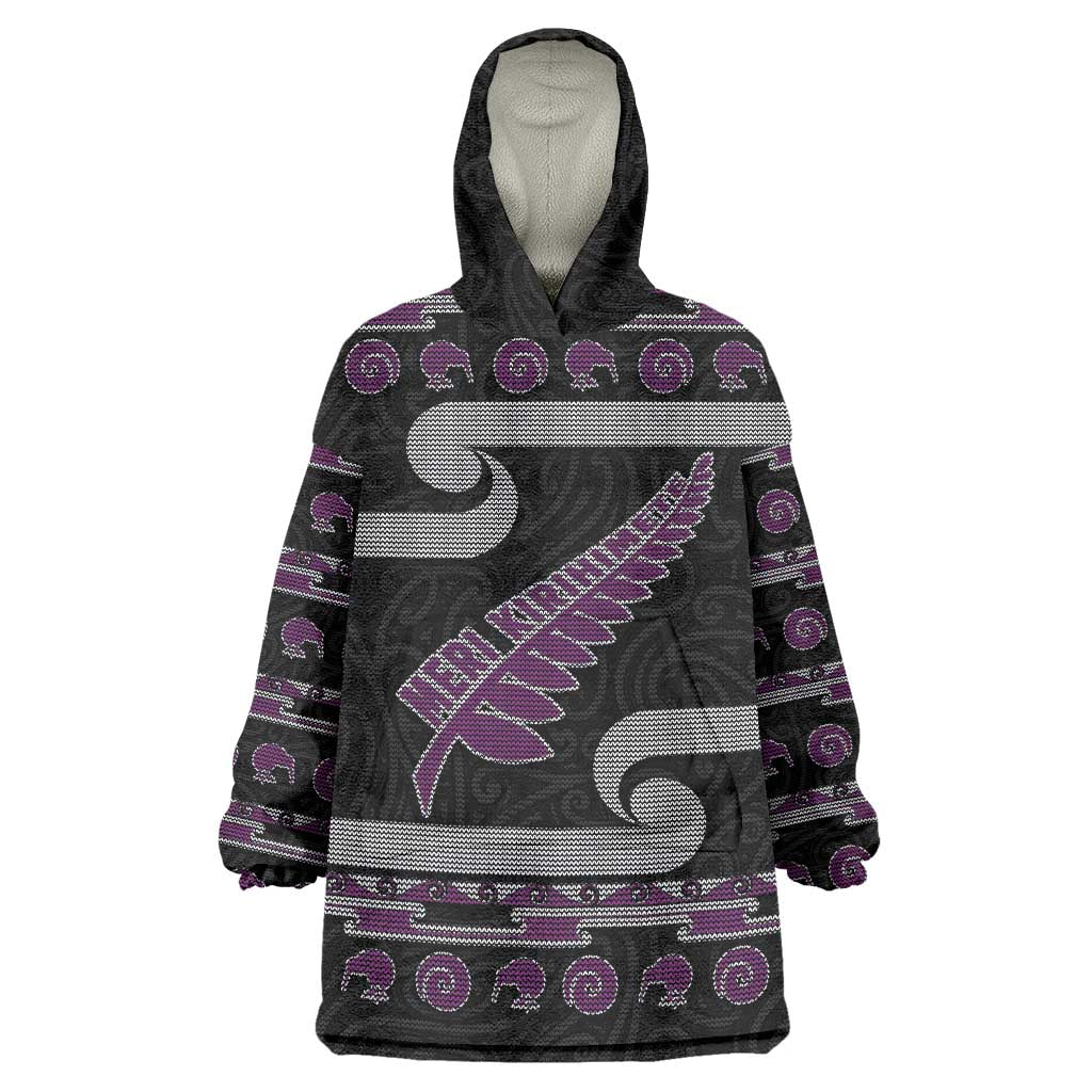 New Zealand Christmas Wearable Blanket Hoodie Meri Kirihimete Silver Fern Knit Style Purple Color - Polynesian Pride