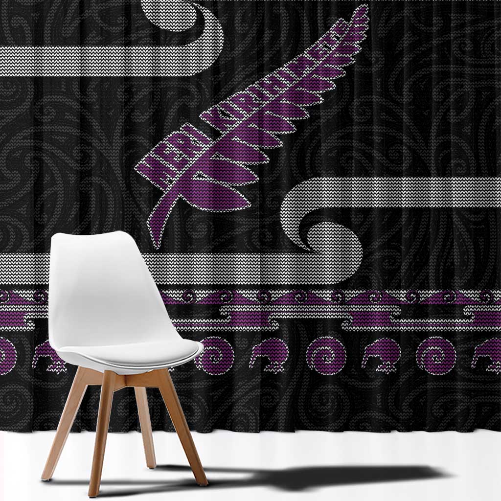 New Zealand Christmas Window Curtain Meri Kirihimete Silver Fern Knit Style Purple Color - Polynesian Pride