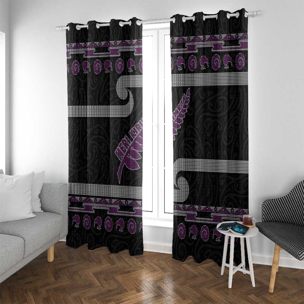 New Zealand Christmas Window Curtain Meri Kirihimete Silver Fern Knit Style Purple Color - Polynesian Pride