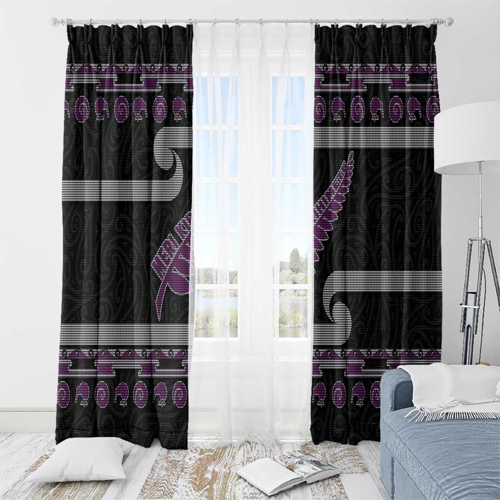 New Zealand Christmas Window Curtain Meri Kirihimete Silver Fern Knit Style Purple Color - Polynesian Pride