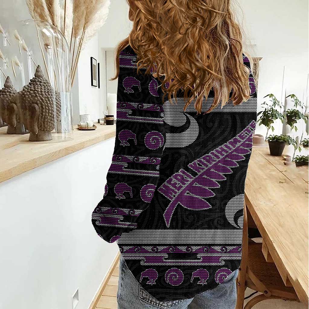 New Zealand Christmas Women Casual Shirt Meri Kirihimete Silver Fern Knit Style Purple Color - Polynesian Pride