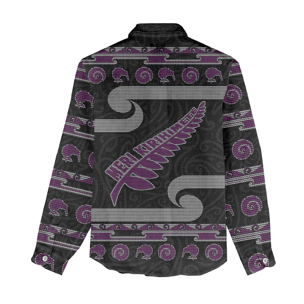New Zealand Christmas Women Casual Shirt Meri Kirihimete Silver Fern Knit Style Purple Color - Polynesian Pride