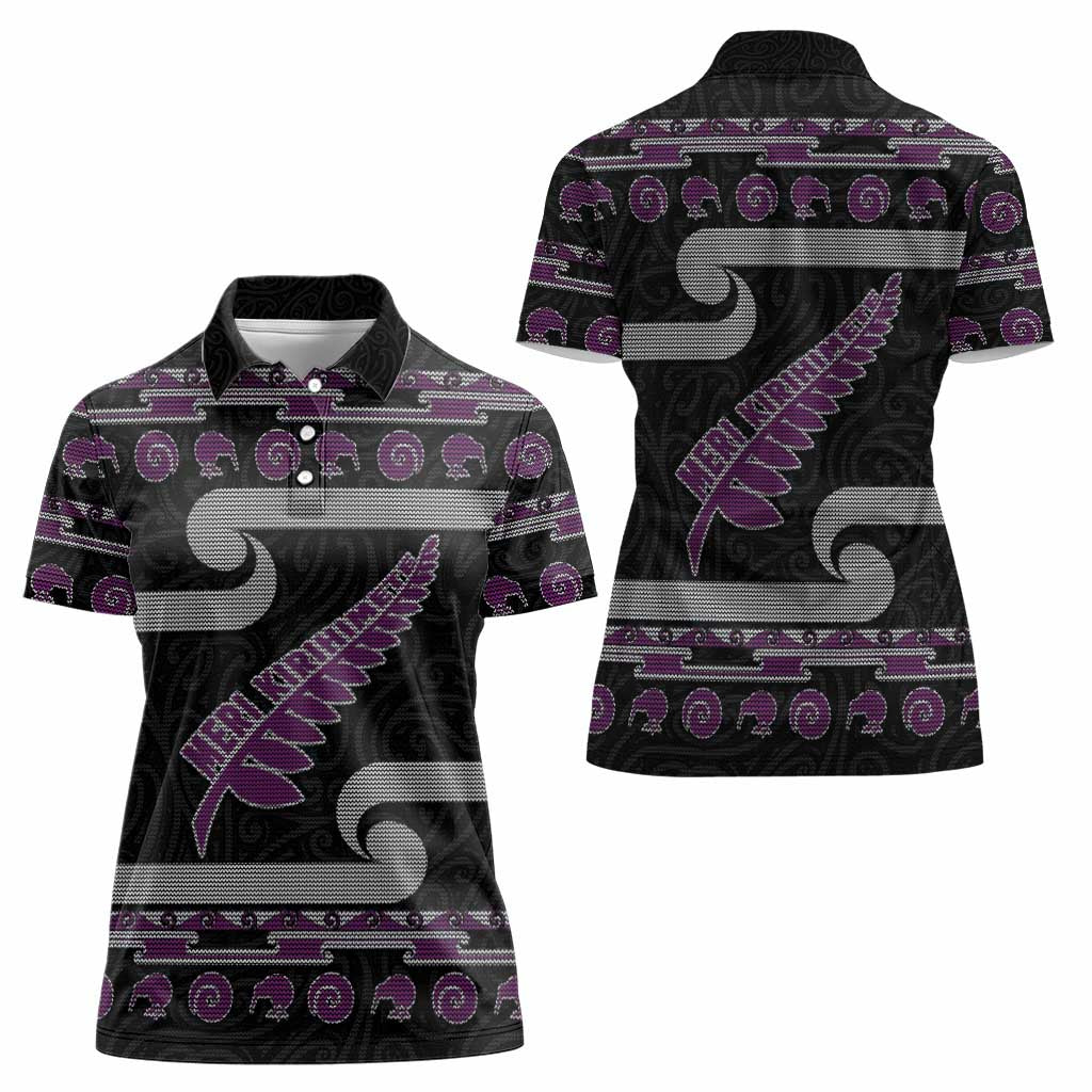 New Zealand Christmas Women Polo Shirt Meri Kirihimete Silver Fern Knit Style Purple Color - Polynesian Pride