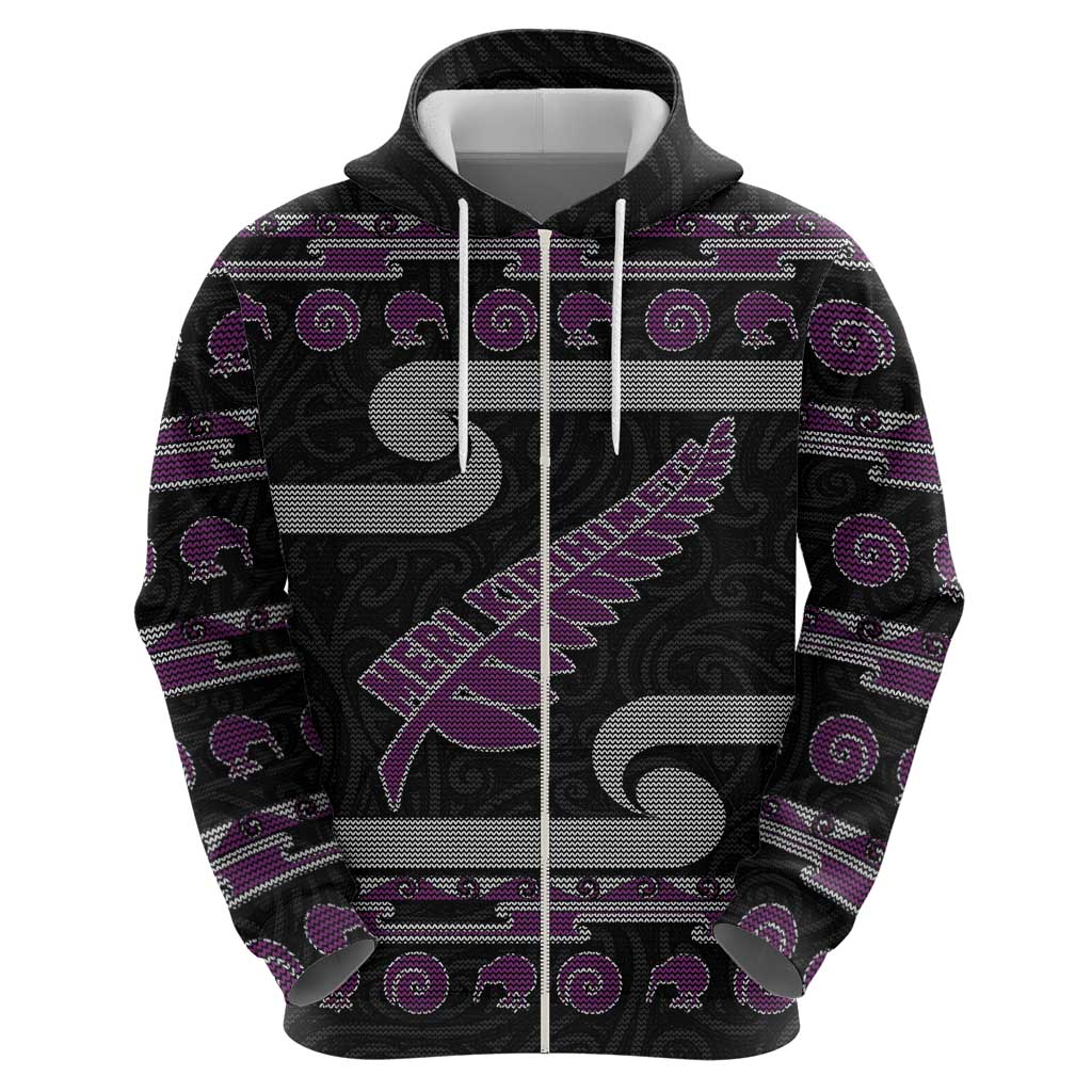 New Zealand Christmas Zip Hoodie Meri Kirihimete Silver Fern Knit Style Purple Color - Polynesian Pride