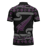 New Zealand Christmas Zipper Polo Shirt Meri Kirihimete Silver Fern Knit Style Purple Color - Polynesian Pride