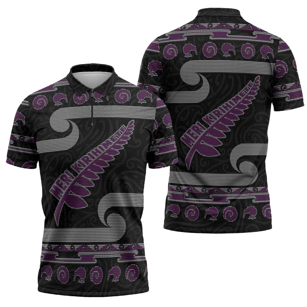 New Zealand Christmas Zipper Polo Shirt Meri Kirihimete Silver Fern Knit Style Purple Color - Polynesian Pride