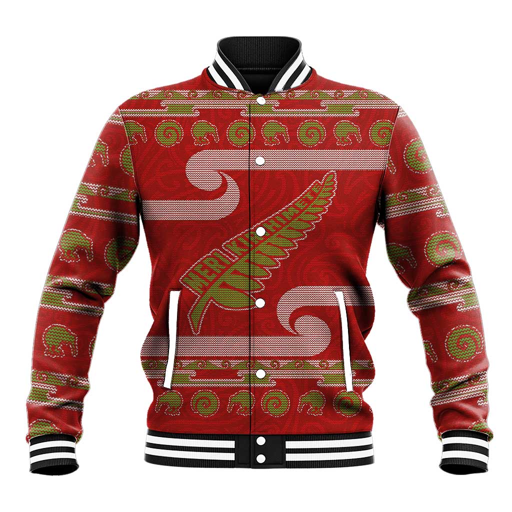 New Zealand Christmas Baseball Jacket Meri Kirihimete Silver Fern Knit Style Green Color - Polynesian Pride