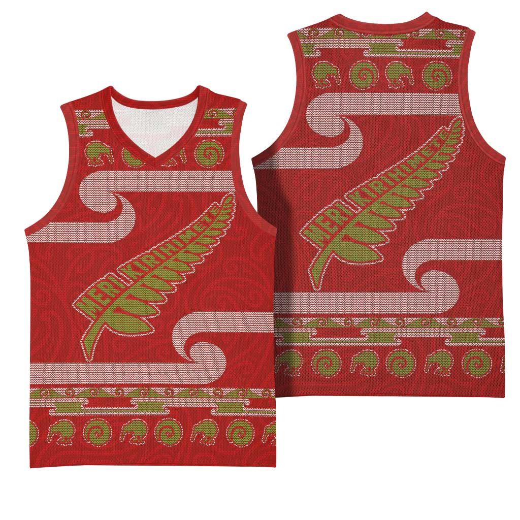 New Zealand Christmas Basketball Jersey Meri Kirihimete Silver Fern Knit Style Green Color - Polynesian Pride