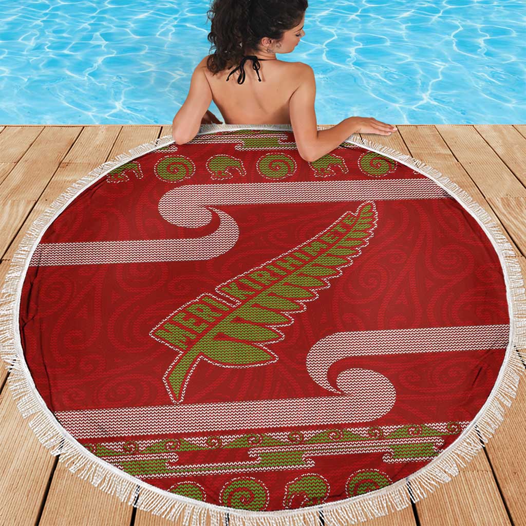 New Zealand Christmas Beach Blanket Meri Kirihimete Silver Fern Knit Style Green Color - Polynesian Pride