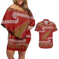 New Zealand Christmas Couples Matching Off Shoulder Short Dress and Hawaiian Shirt Meri Kirihimete Silver Fern Knit Style Green Color - Polynesian Pride