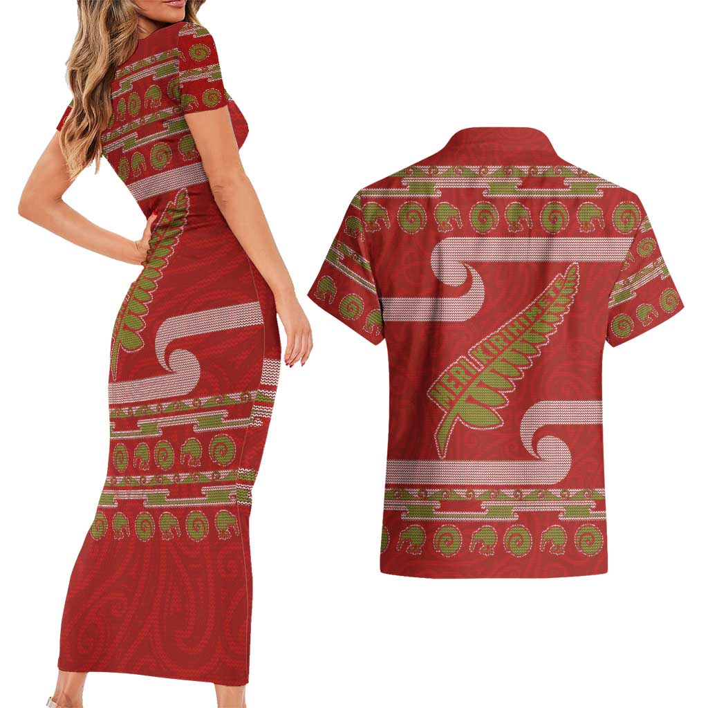 New Zealand Christmas Couples Matching Short Sleeve Bodycon Dress and Hawaiian Shirt Meri Kirihimete Silver Fern Knit Style Green Color - Polynesian Pride