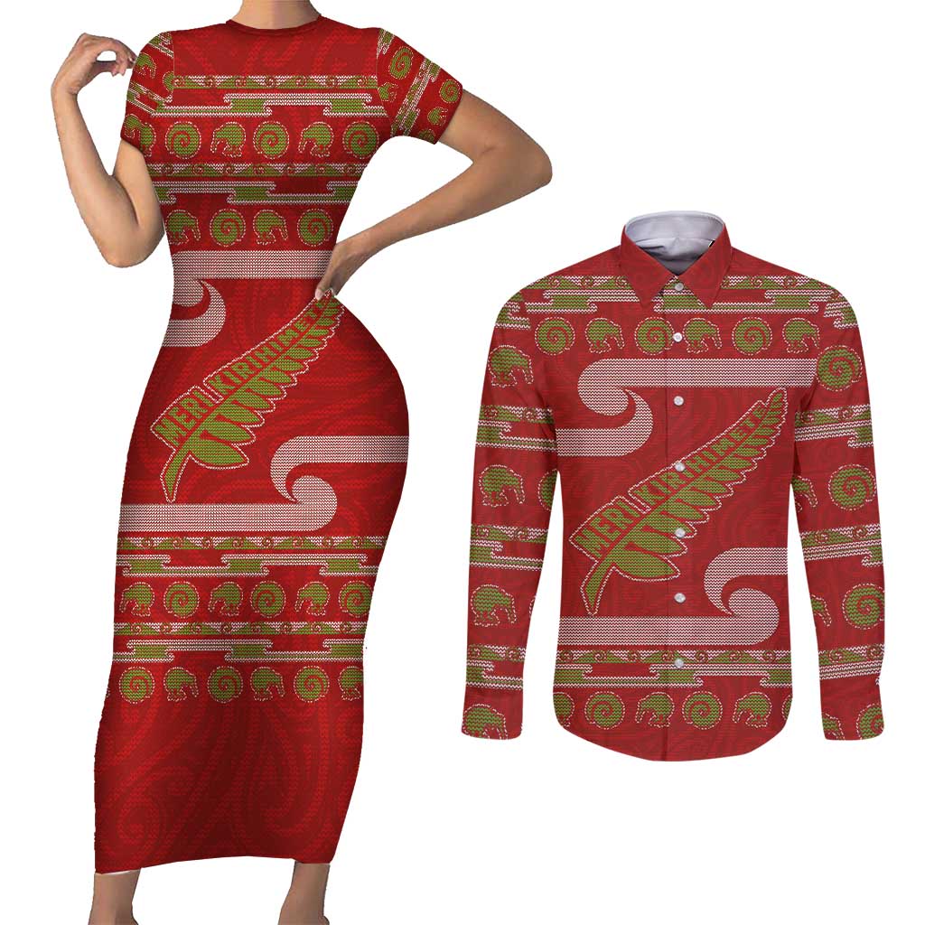 New Zealand Christmas Couples Matching Short Sleeve Bodycon Dress and Long Sleeve Button Shirt Meri Kirihimete Silver Fern Knit Style Green Color - Polynesian Pride