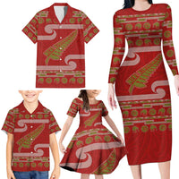 New Zealand Christmas Family Matching Long Sleeve Bodycon Dress and Hawaiian Shirt Meri Kirihimete Silver Fern Knit Style Green Color - Polynesian Pride