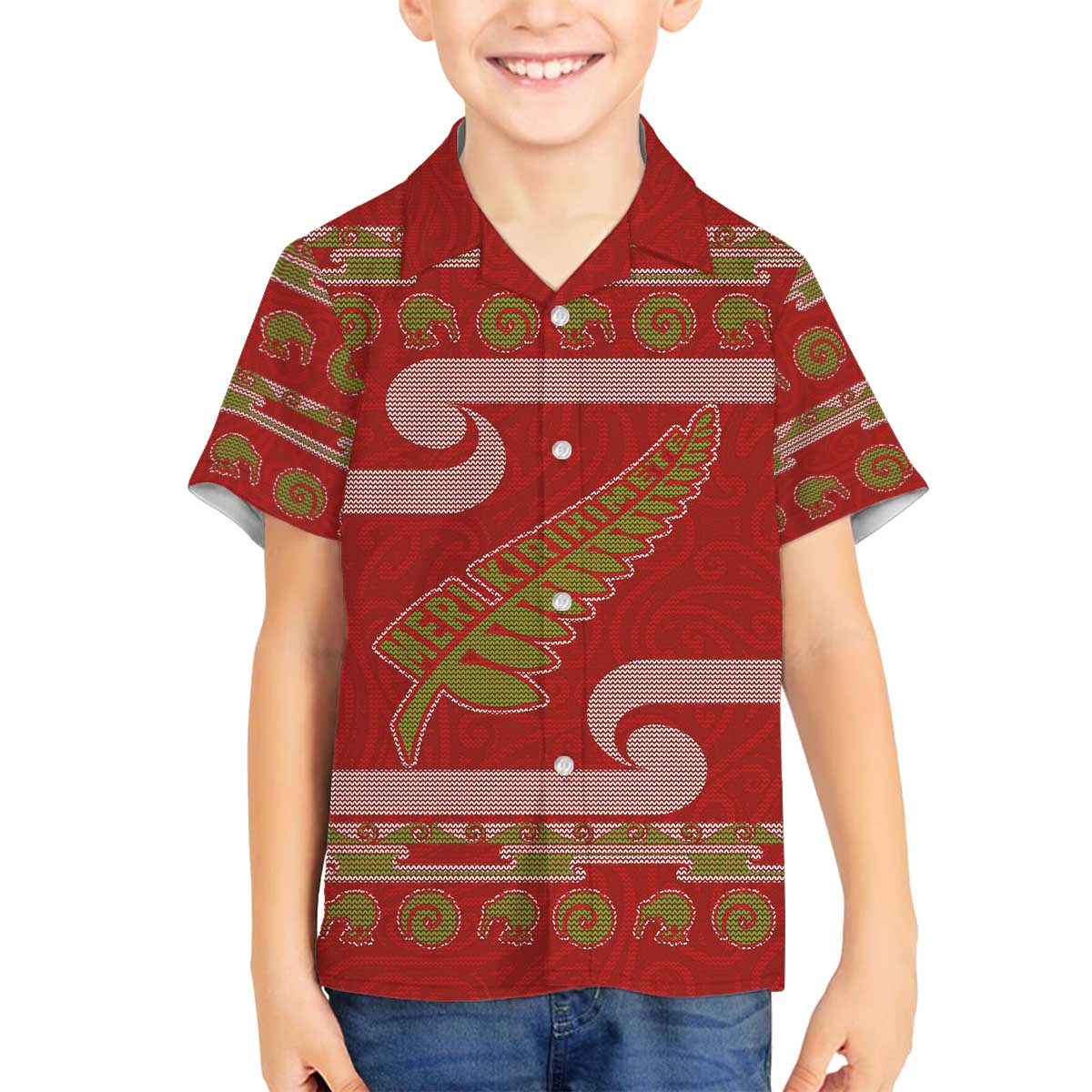 New Zealand Christmas Family Matching Off The Shoulder Long Sleeve Dress and Hawaiian Shirt Meri Kirihimete Silver Fern Knit Style Green Color - Polynesian Pride