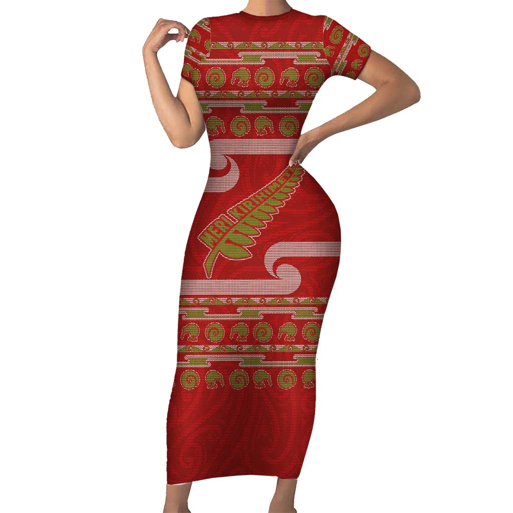 New Zealand Christmas Family Matching Short Sleeve Bodycon Dress and Hawaiian Shirt Meri Kirihimete Silver Fern Knit Style Green Color - Polynesian Pride