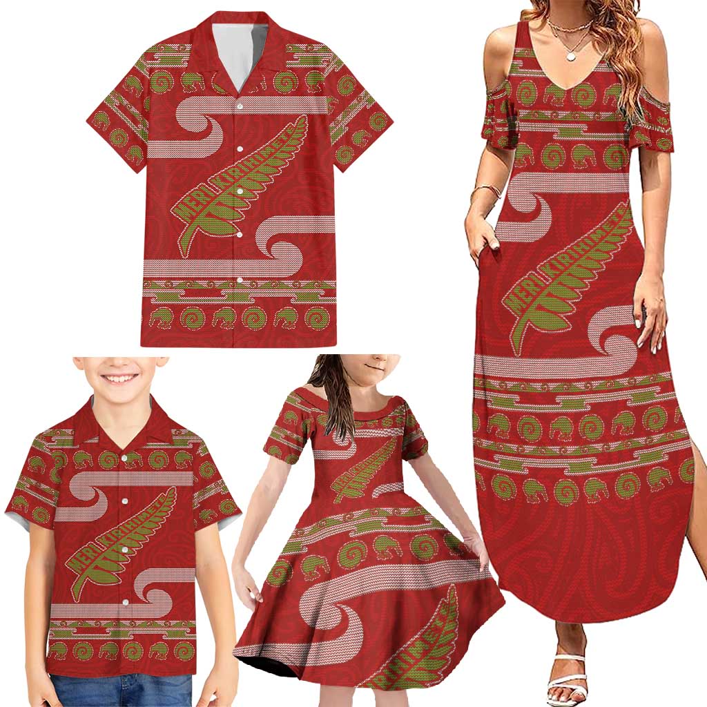 New Zealand Christmas Family Matching Summer Maxi Dress and Hawaiian Shirt Meri Kirihimete Silver Fern Knit Style Green Color - Polynesian Pride