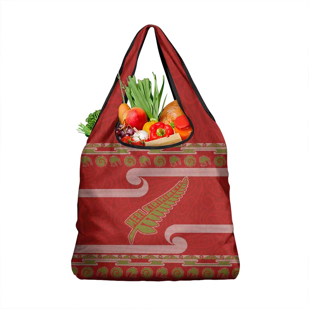 New Zealand Christmas Grocery Bag Meri Kirihimete Silver Fern Knit Style Green Color - Polynesian Pride