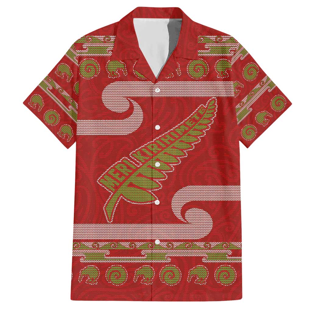 New Zealand Christmas Hawaiian Shirt Meri Kirihimete Silver Fern Knit Style Green Color - Polynesian Pride