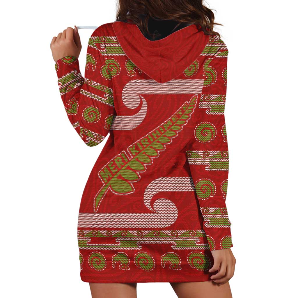 New Zealand Christmas Hoodie Dress Meri Kirihimete Silver Fern Knit Style Green Color - Polynesian Pride