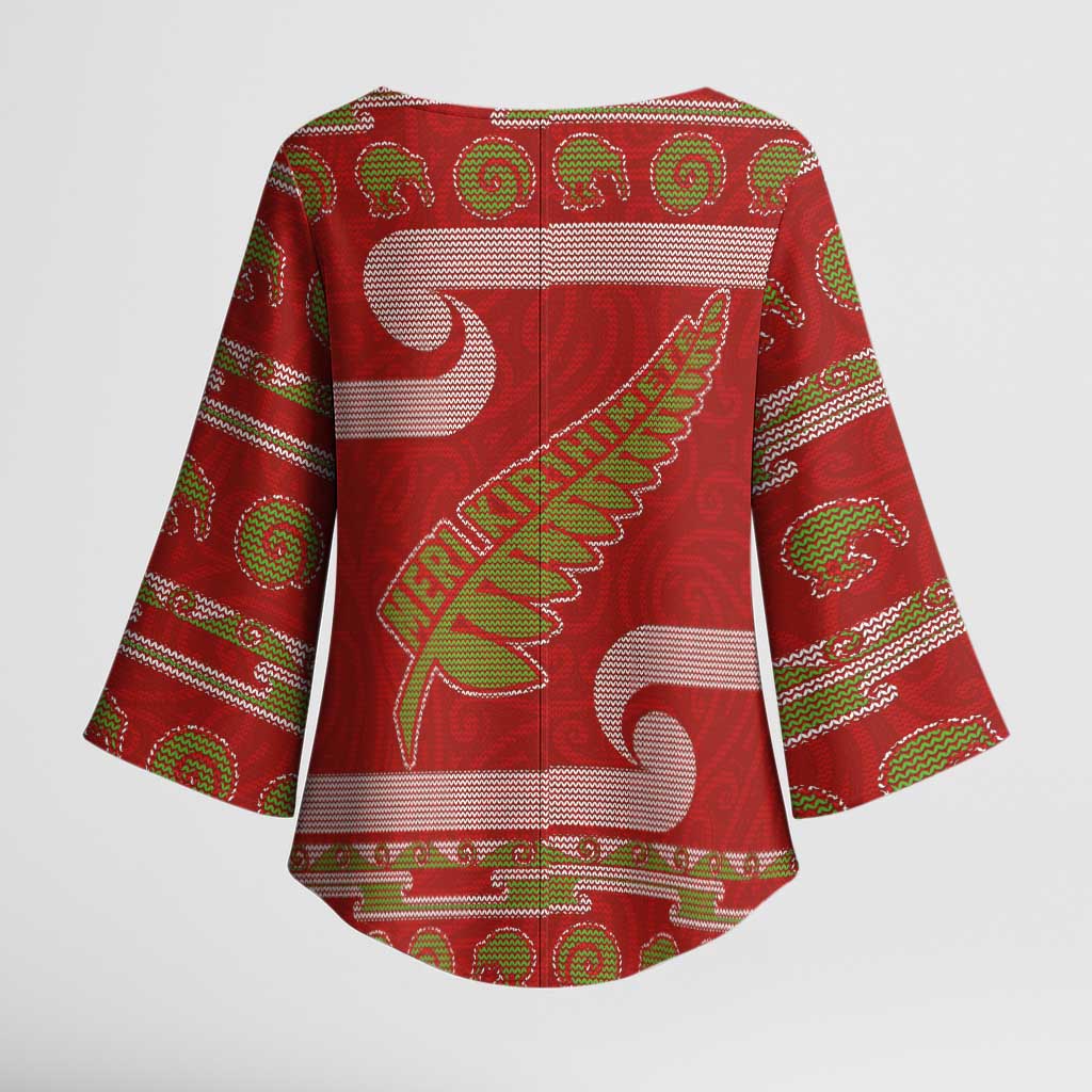 New Zealand Christmas Kimono Sleeve Blouse Meri Kirihimete Silver Fern Knit Style Green Color - Polynesian Pride