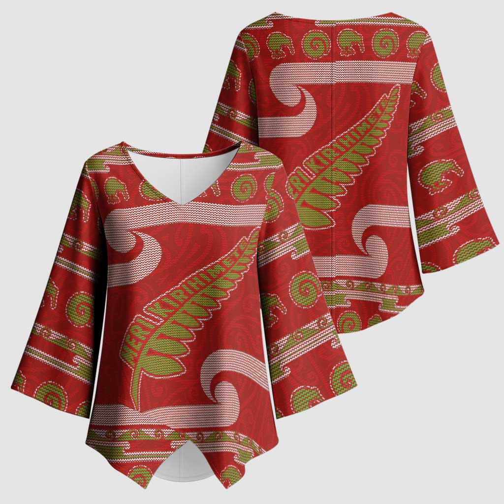 New Zealand Christmas Kimono Sleeve Blouse Meri Kirihimete Silver Fern Knit Style Green Color - Polynesian Pride