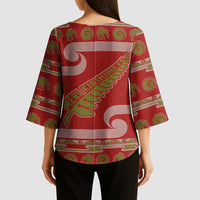 New Zealand Christmas Kimono Sleeve Blouse Meri Kirihimete Silver Fern Knit Style Green Color - Polynesian Pride