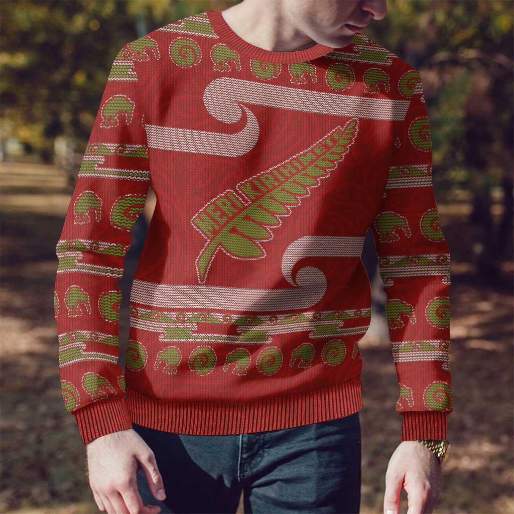 New Zealand Christmas Ugly Christmas Sweater Meri Kirihimete Silver Fern Knit Style Green Color - Polynesian Pride