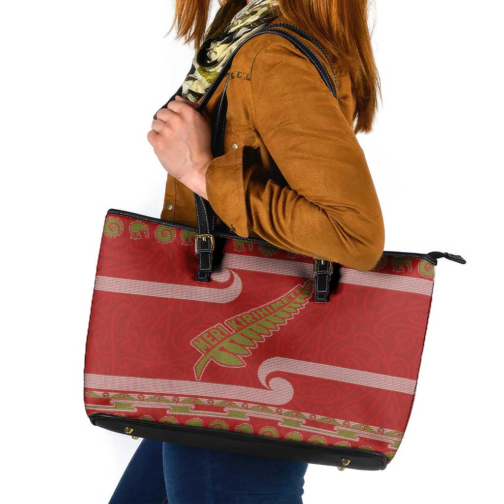 New Zealand Christmas Leather Tote Bag Meri Kirihimete Silver Fern Knit Style Green Color - Polynesian Pride