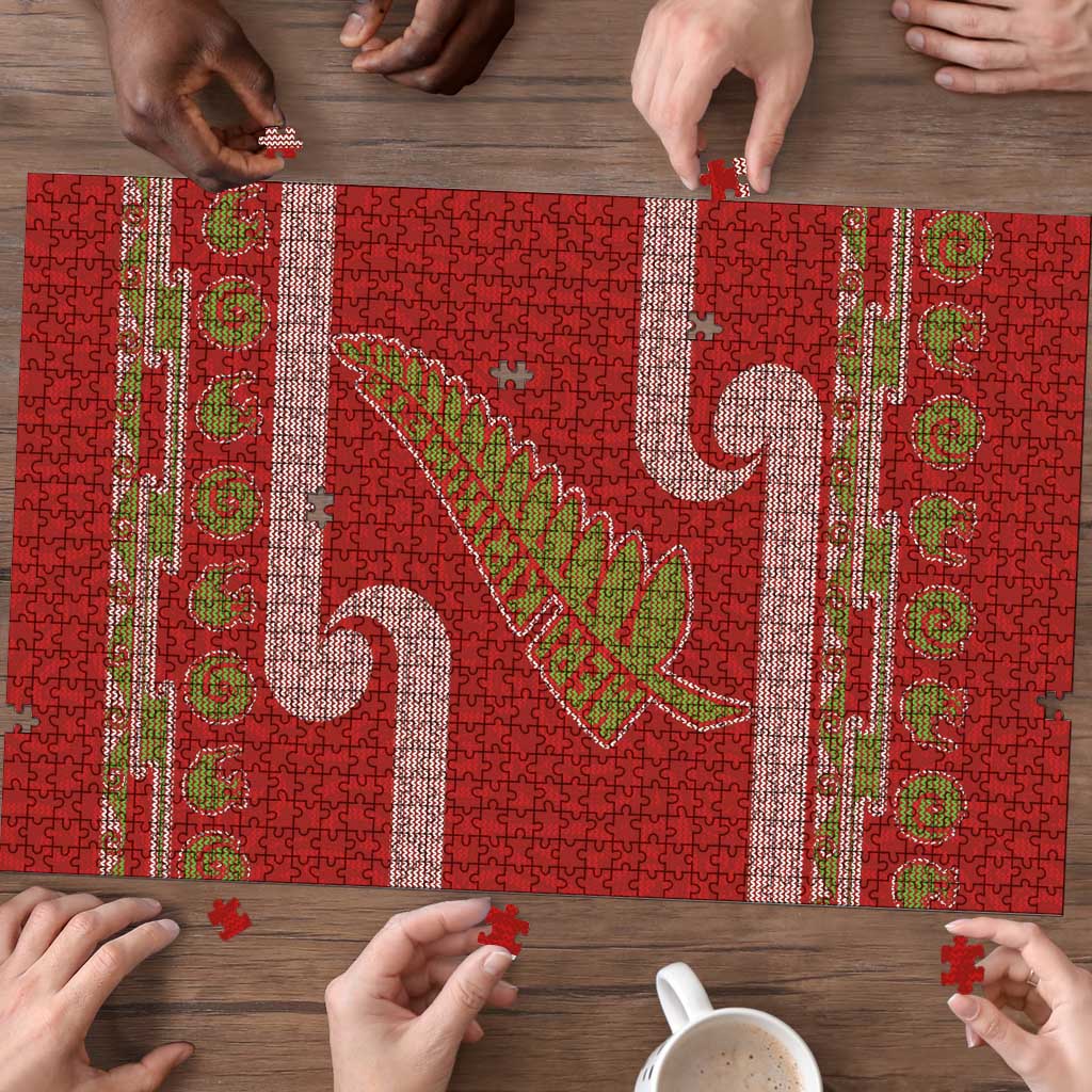 New Zealand Christmas Puzzle Meri Kirihimete Silver Fern Knit Style Green Color - Polynesian Pride