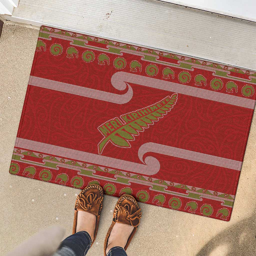 New Zealand Christmas Rubber Doormat Meri Kirihimete Silver Fern Knit Style Green Color - Polynesian Pride