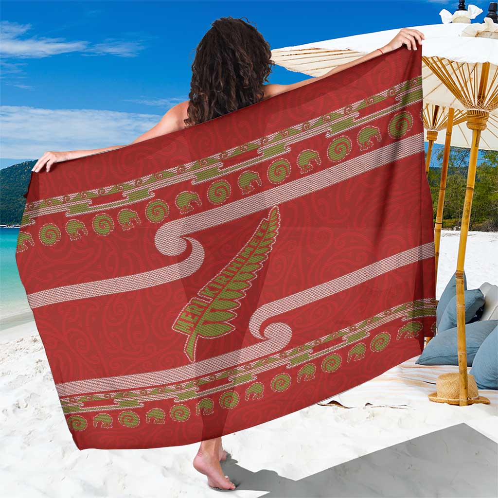 New Zealand Christmas Sarong Meri Kirihimete Silver Fern Knit Style Green Color - Polynesian Pride