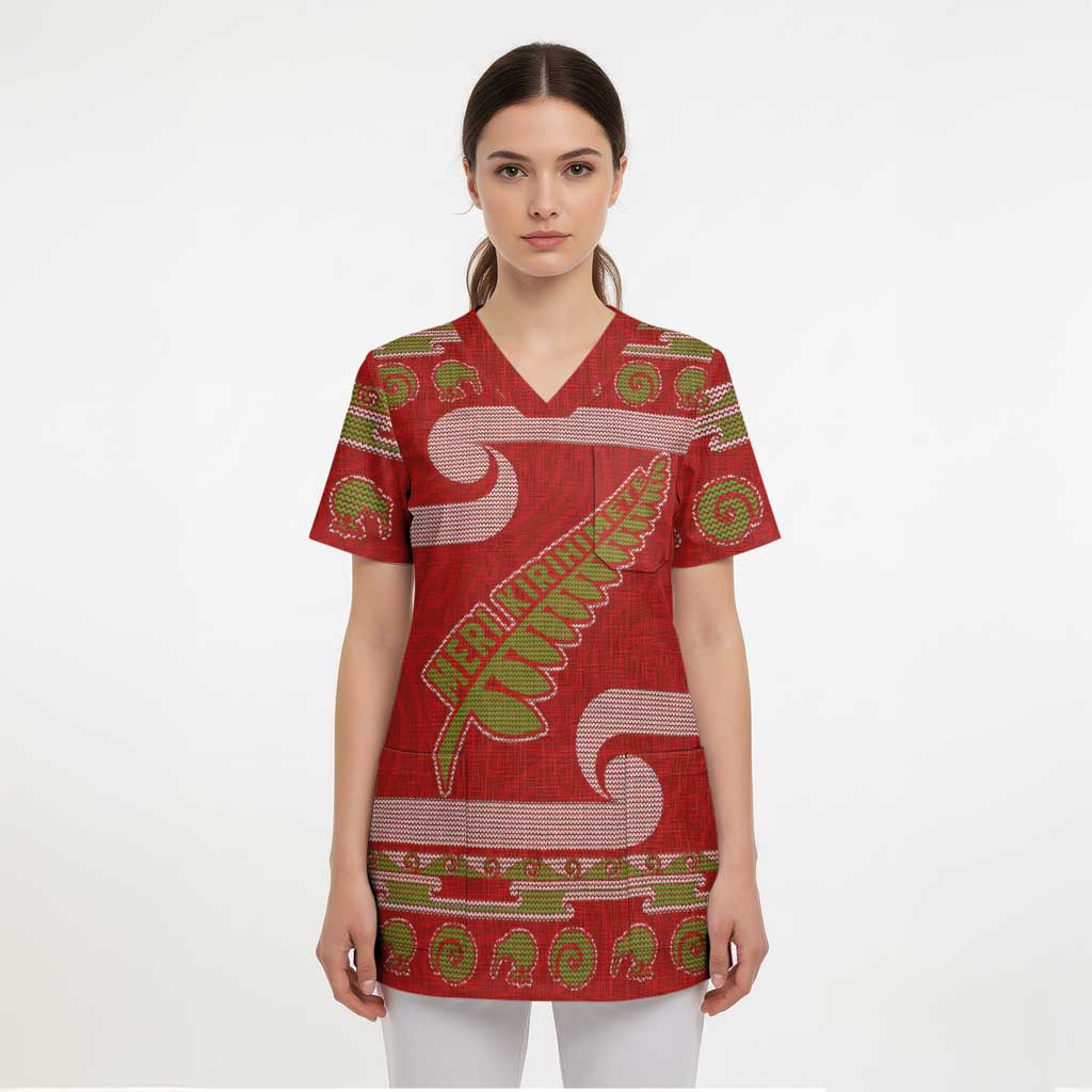 New Zealand Christmas Scrub Top Meri Kirihimete Silver Fern Knit Style Green Color - Polynesian Pride