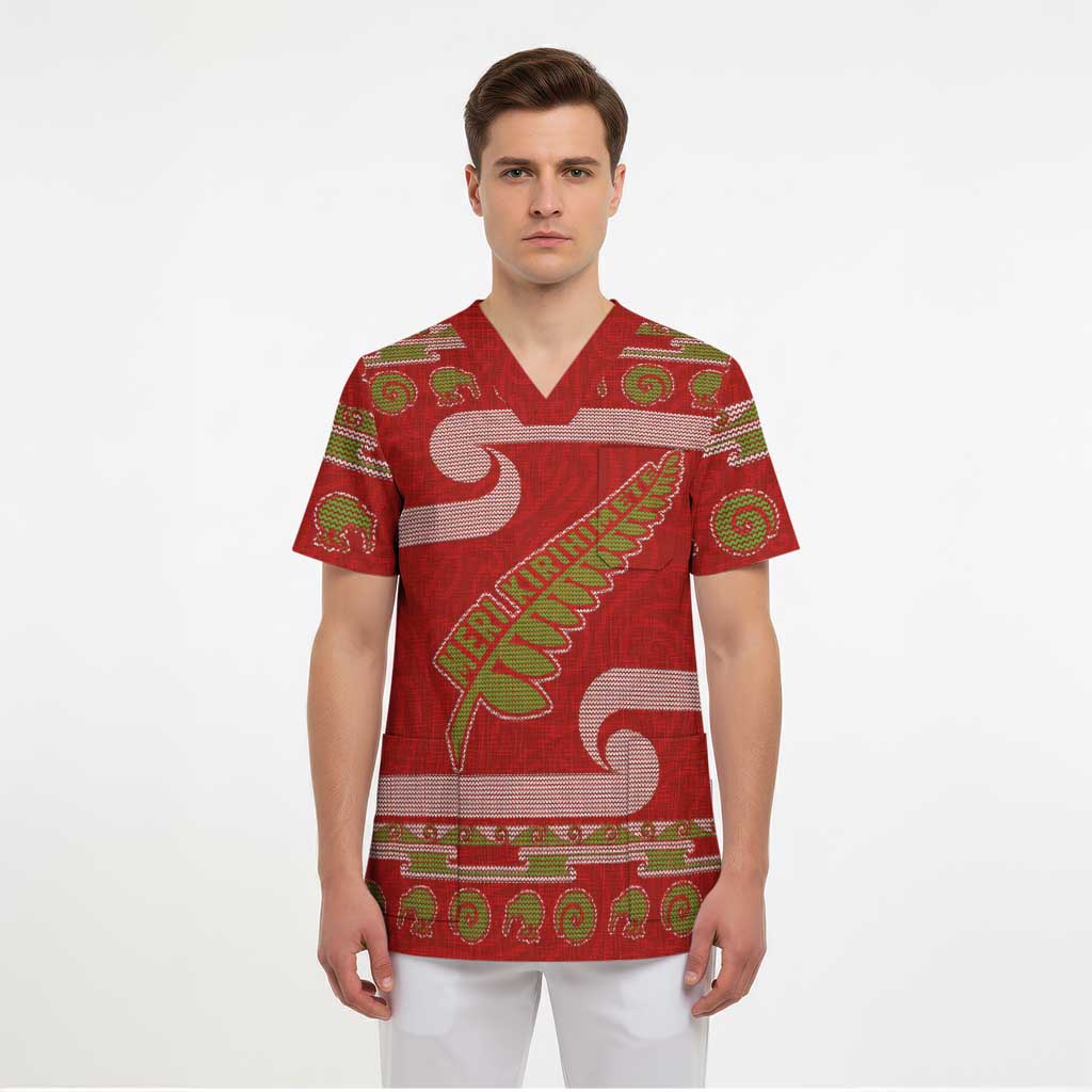 New Zealand Christmas Scrub Top Meri Kirihimete Silver Fern Knit Style Green Color - Polynesian Pride