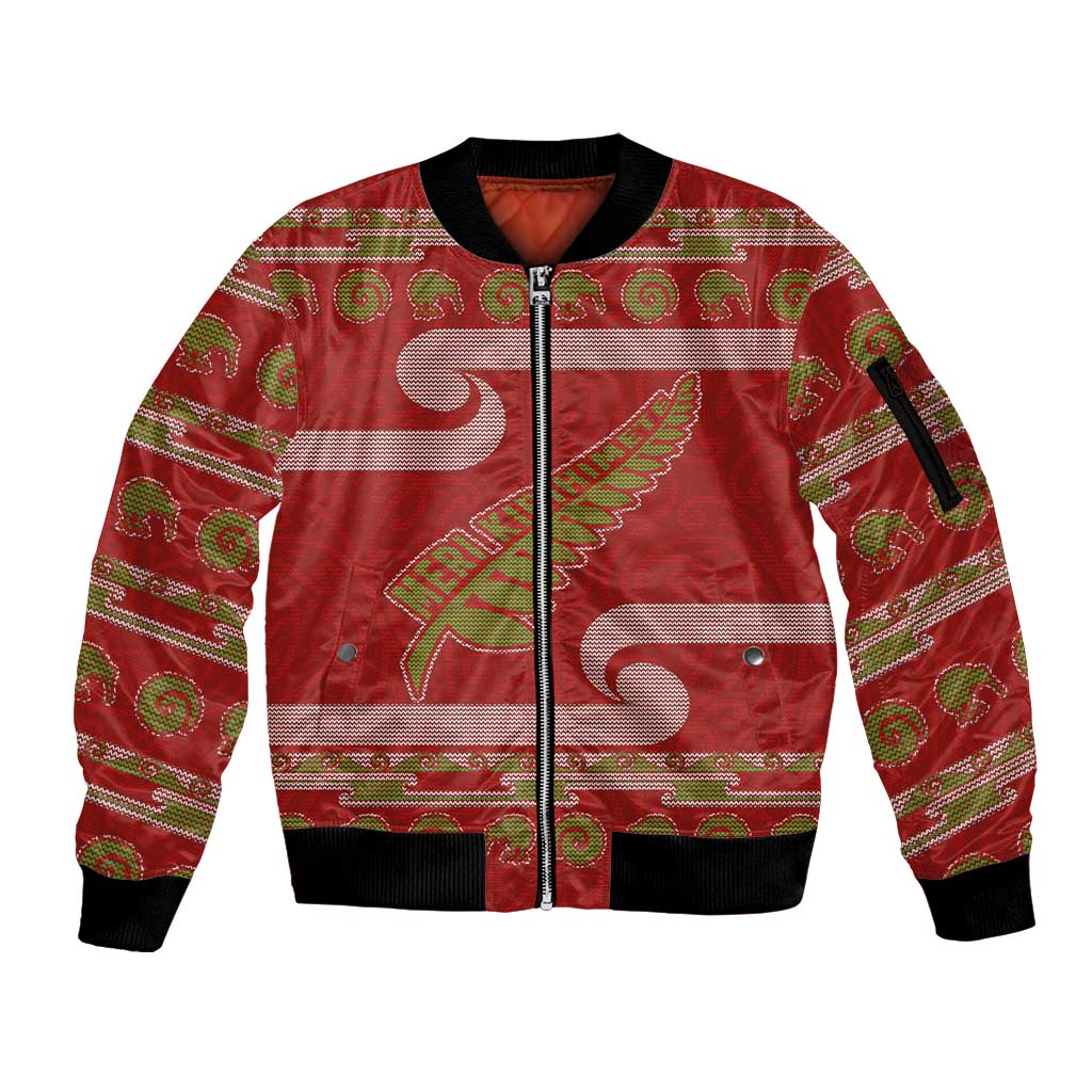 New Zealand Christmas Sleeve Zip Bomber Jacket Meri Kirihimete Silver Fern Knit Style Green Color - Polynesian Pride