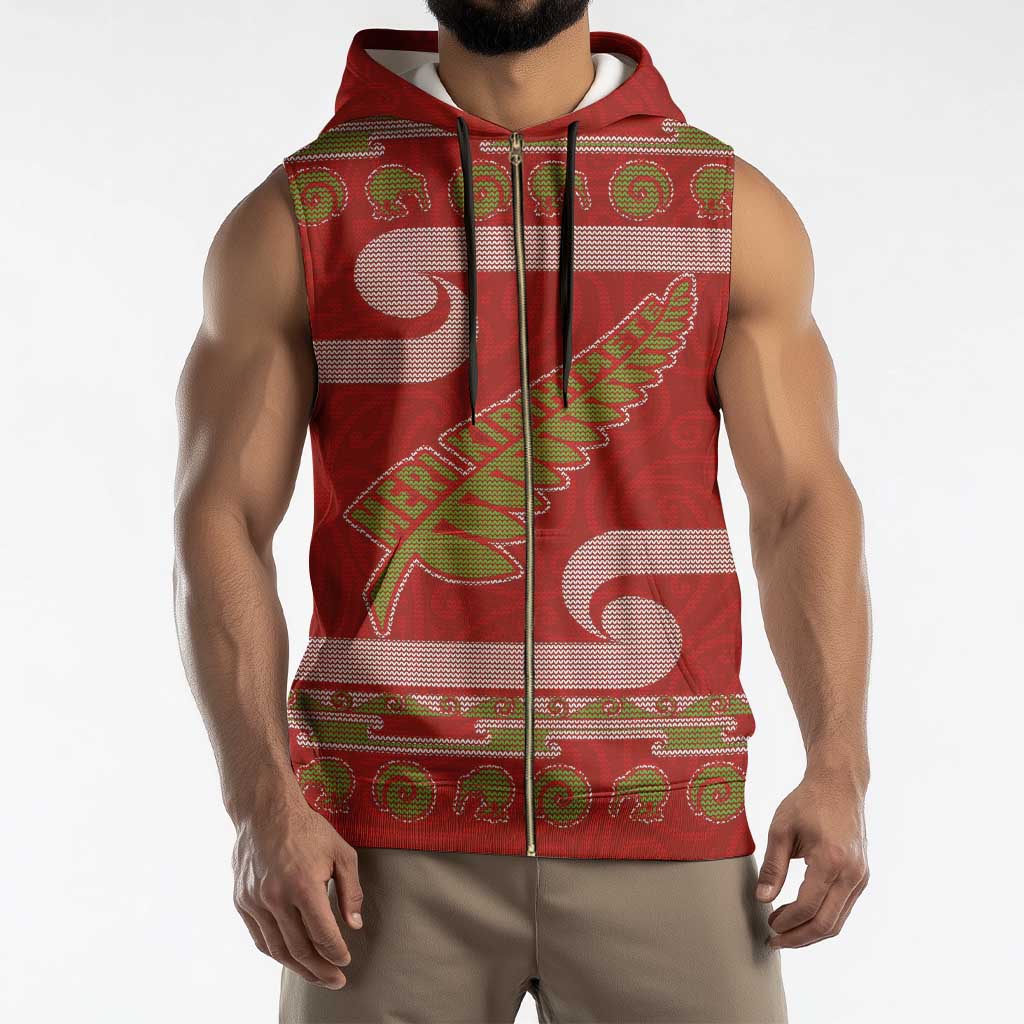 New Zealand Christmas Sleeveless Zip Hoodie Meri Kirihimete Silver Fern Knit Style Green Color - Polynesian Pride