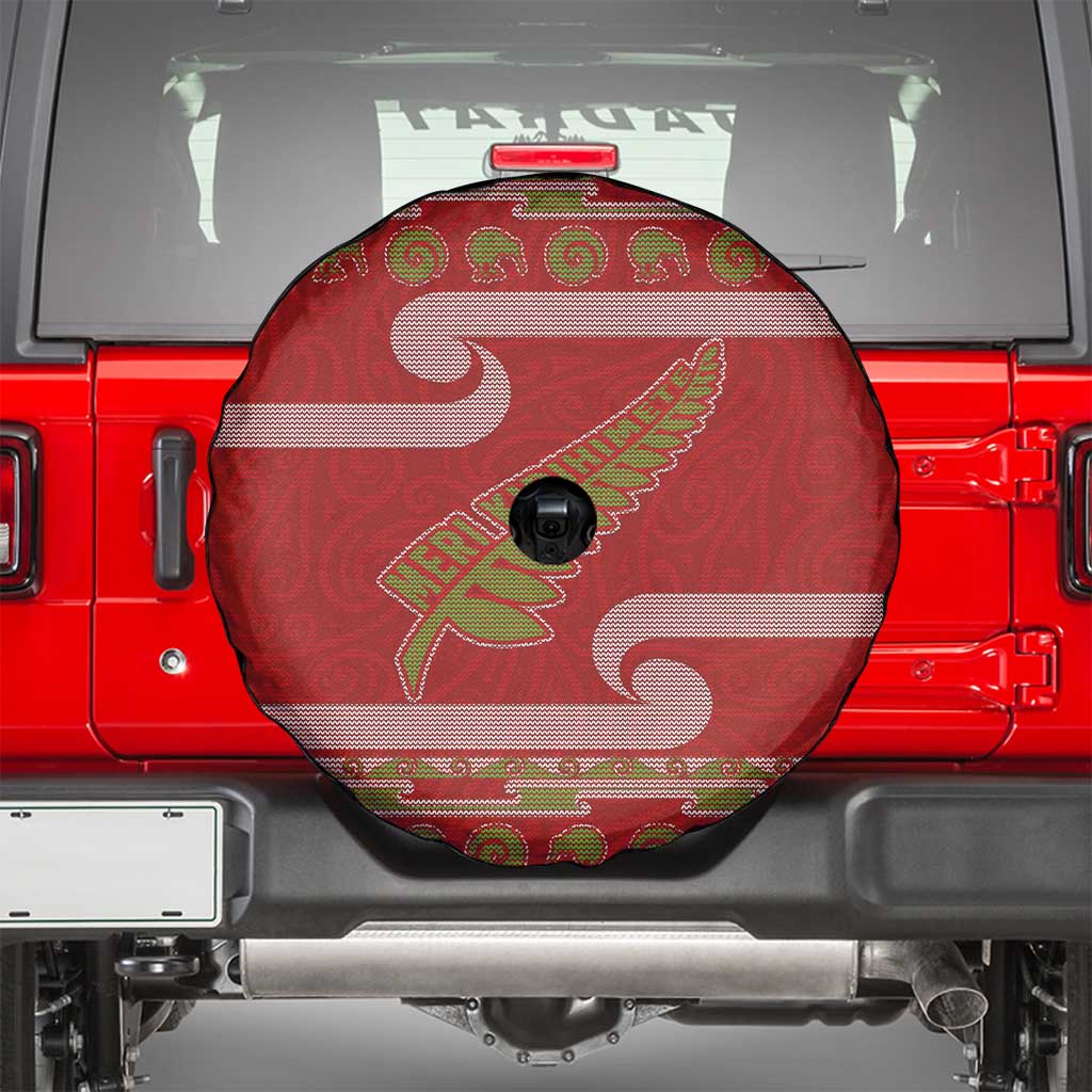 New Zealand Christmas Spare Tire Cover Meri Kirihimete Silver Fern Knit Style Green Color - Polynesian Pride
