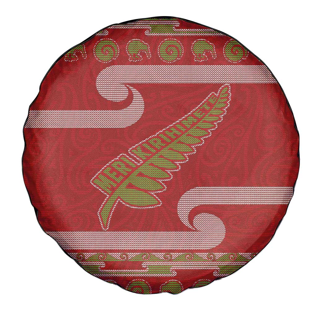 New Zealand Christmas Spare Tire Cover Meri Kirihimete Silver Fern Knit Style Green Color - Polynesian Pride