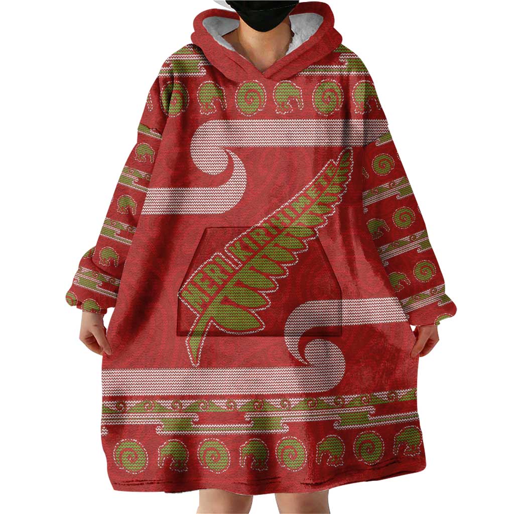 New Zealand Christmas Wearable Blanket Hoodie Meri Kirihimete Silver Fern Knit Style Green Color - Polynesian Pride