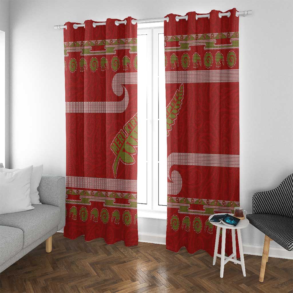 New Zealand Christmas Window Curtain Meri Kirihimete Silver Fern Knit Style Green Color - Polynesian Pride