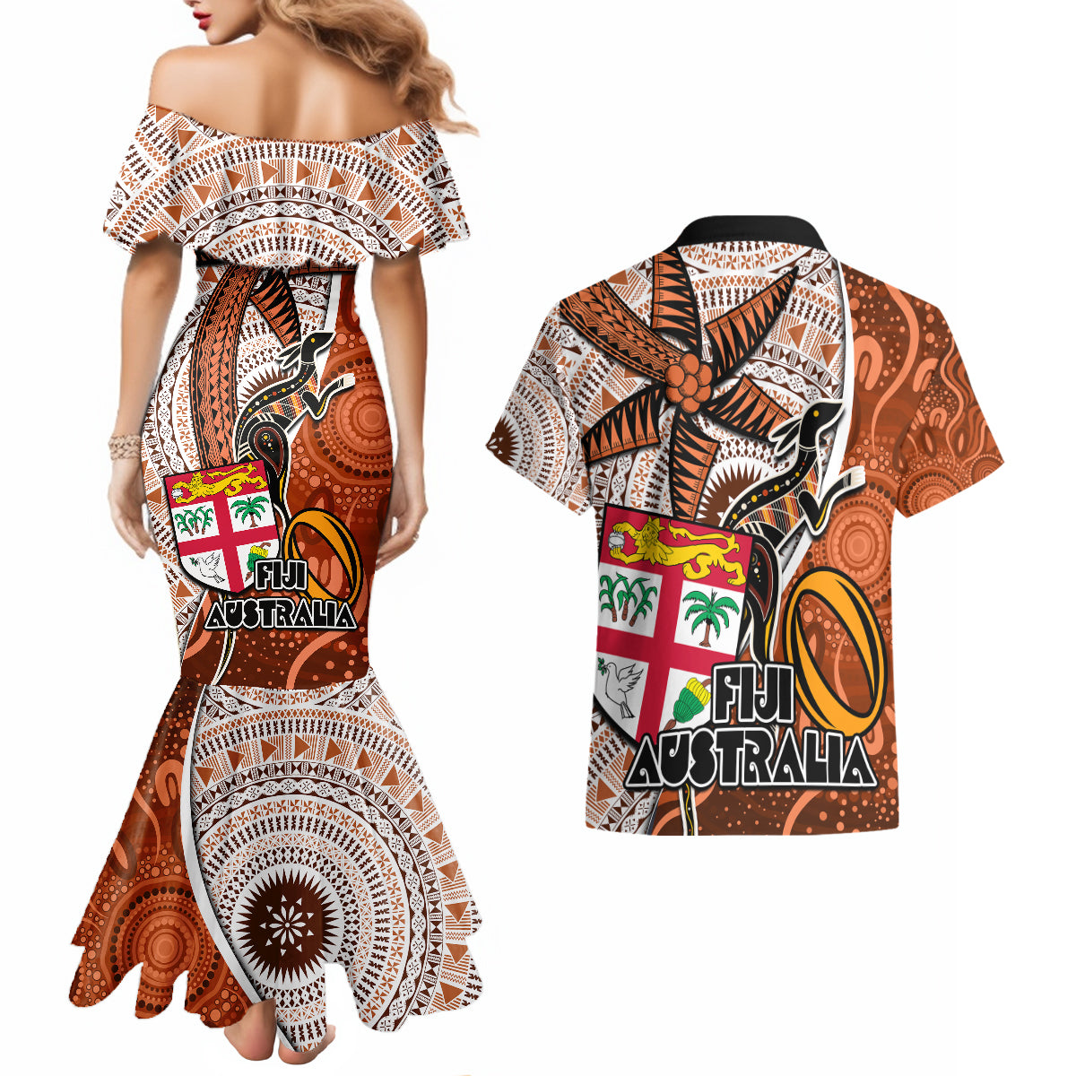 fiji-australia-rugby-couples-matching-mermaid-dress-and-hawaiian-shirt-kangaroo-and-palm-tree-orange-tapa-pattern-mix-aboriginal