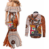 fiji-australia-rugby-couples-matching-mermaid-dress-and-long-sleeve-button-shirts-kangaroo-and-palm-tree-orange-tapa-pattern-mix-aboriginal