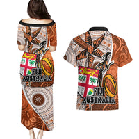 fiji-australia-rugby-couples-matching-puletasi-dress-and-hawaiian-shirt-kangaroo-and-palm-tree-orange-tapa-pattern-mix-aboriginal