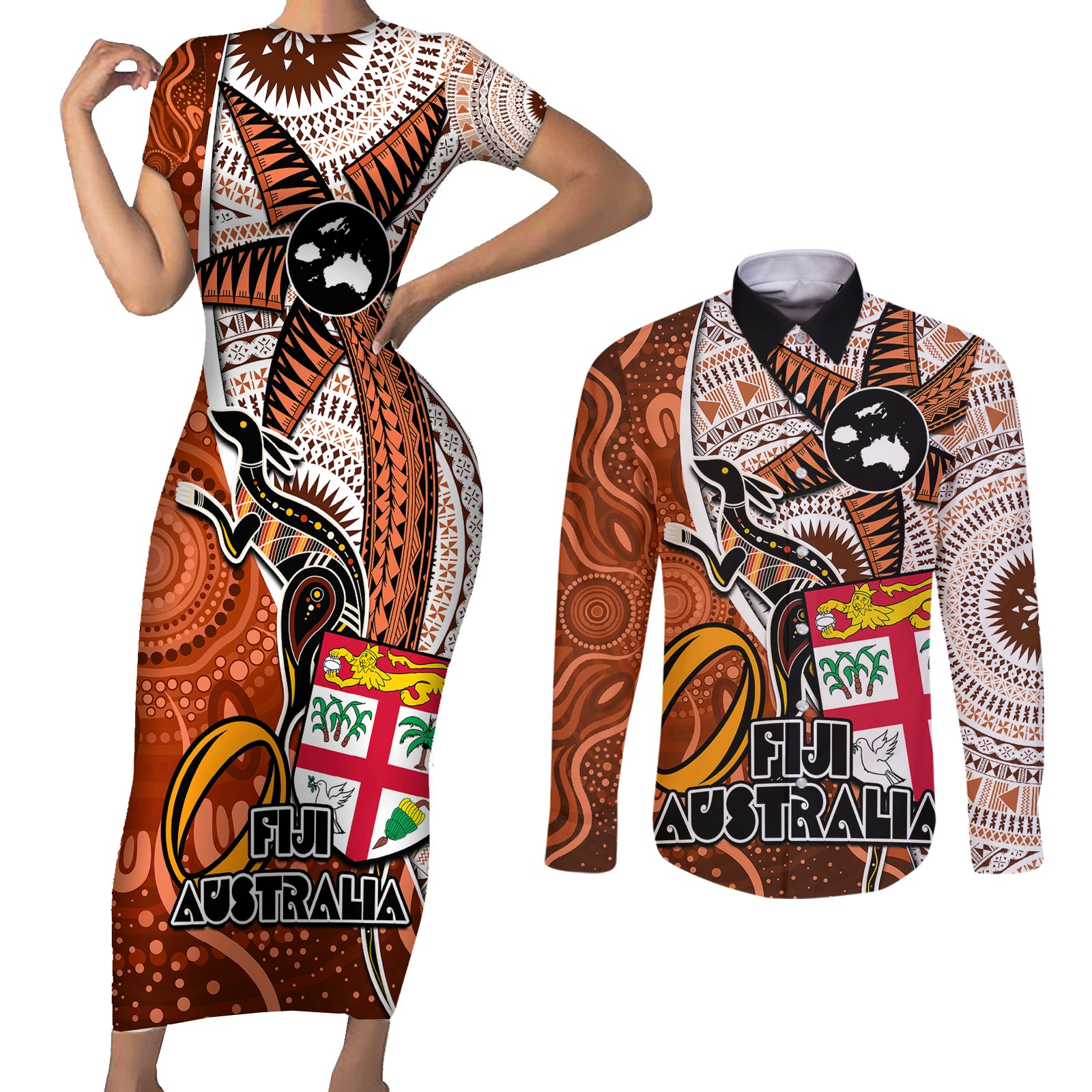 Fiji Australia Rugby Couples Matching Short Sleeve Bodycon Dress and Long Sleeve Button Shirts Kangaroo and Palm Tree Orange Tapa Pattern Mix Aboriginal LT03 Orange - Polynesian Pride