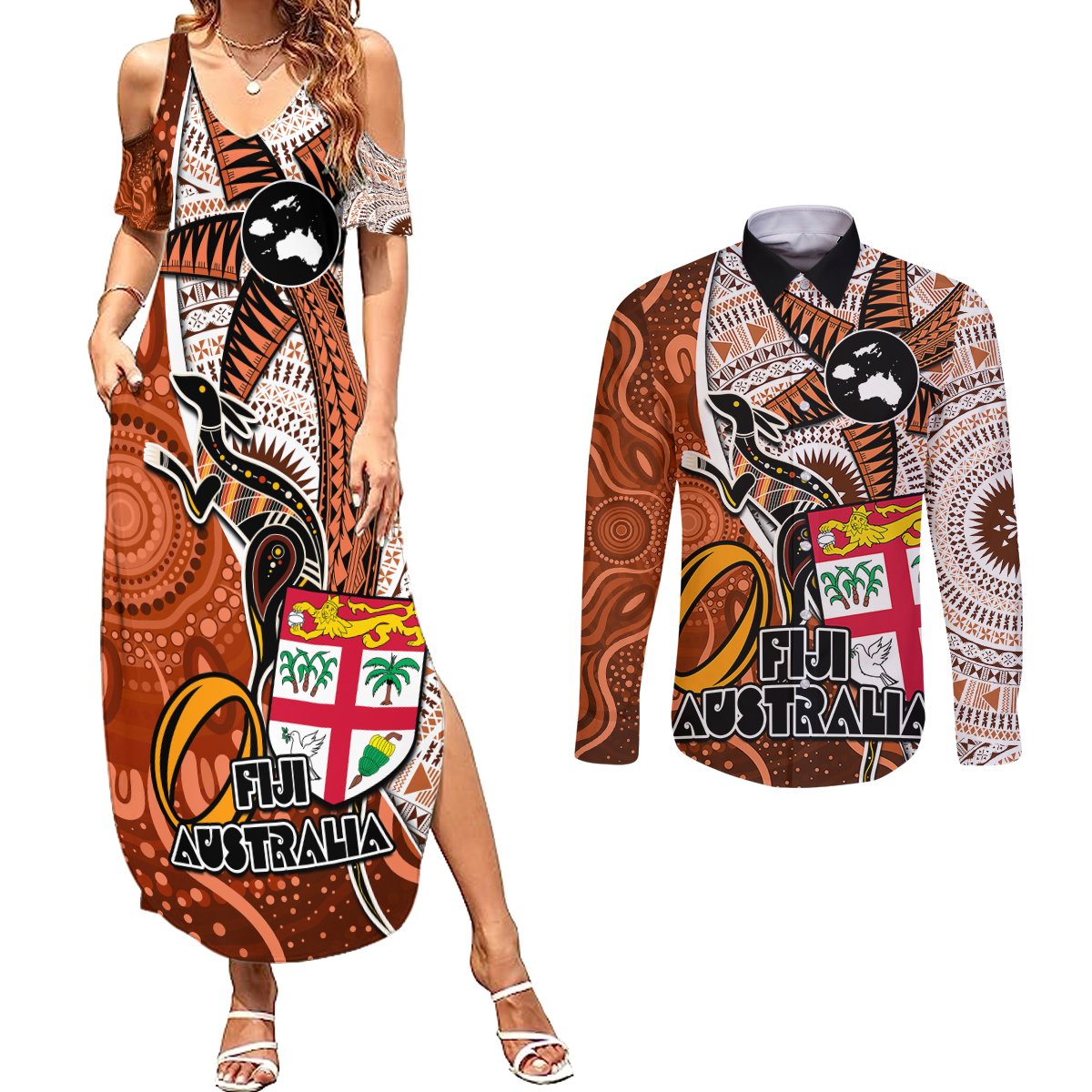Fiji Australia Rugby Couples Matching Summer Maxi Dress and Long Sleeve Button Shirts Kangaroo and Palm Tree Orange Tapa Pattern Mix Aboriginal LT03 Orange - Polynesian Pride