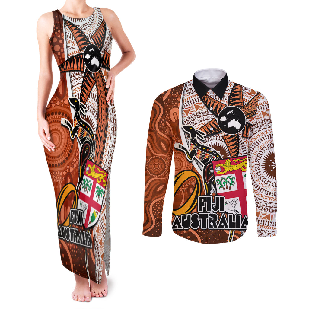 Fiji Australia Rugby Couples Matching Tank Maxi Dress and Long Sleeve Button Shirts Kangaroo and Palm Tree Orange Tapa Pattern Mix Aboriginal LT03 Orange - Polynesian Pride