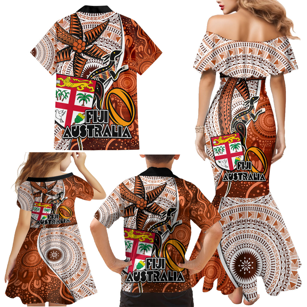 fiji-australia-rugby-family-matching-mermaid-dress-and-hawaiian-shirt-kangaroo-and-palm-tree-orange-tapa-pattern-mix-aboriginal