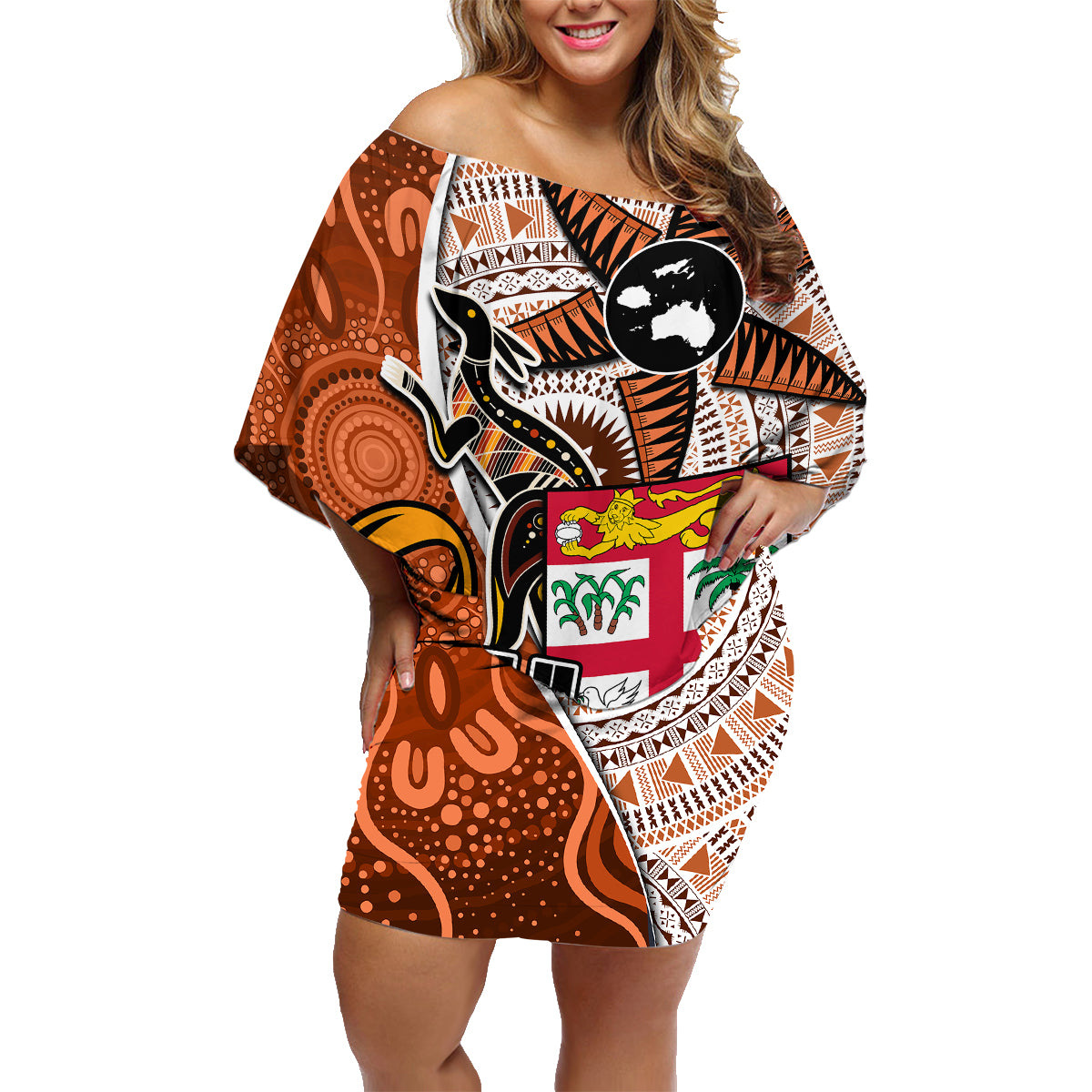 fiji-australia-rugby-family-matching-off-shoulder-short-dress-and-hawaiian-shirt-kangaroo-and-palm-tree-orange-tapa-pattern-mix-aboriginal